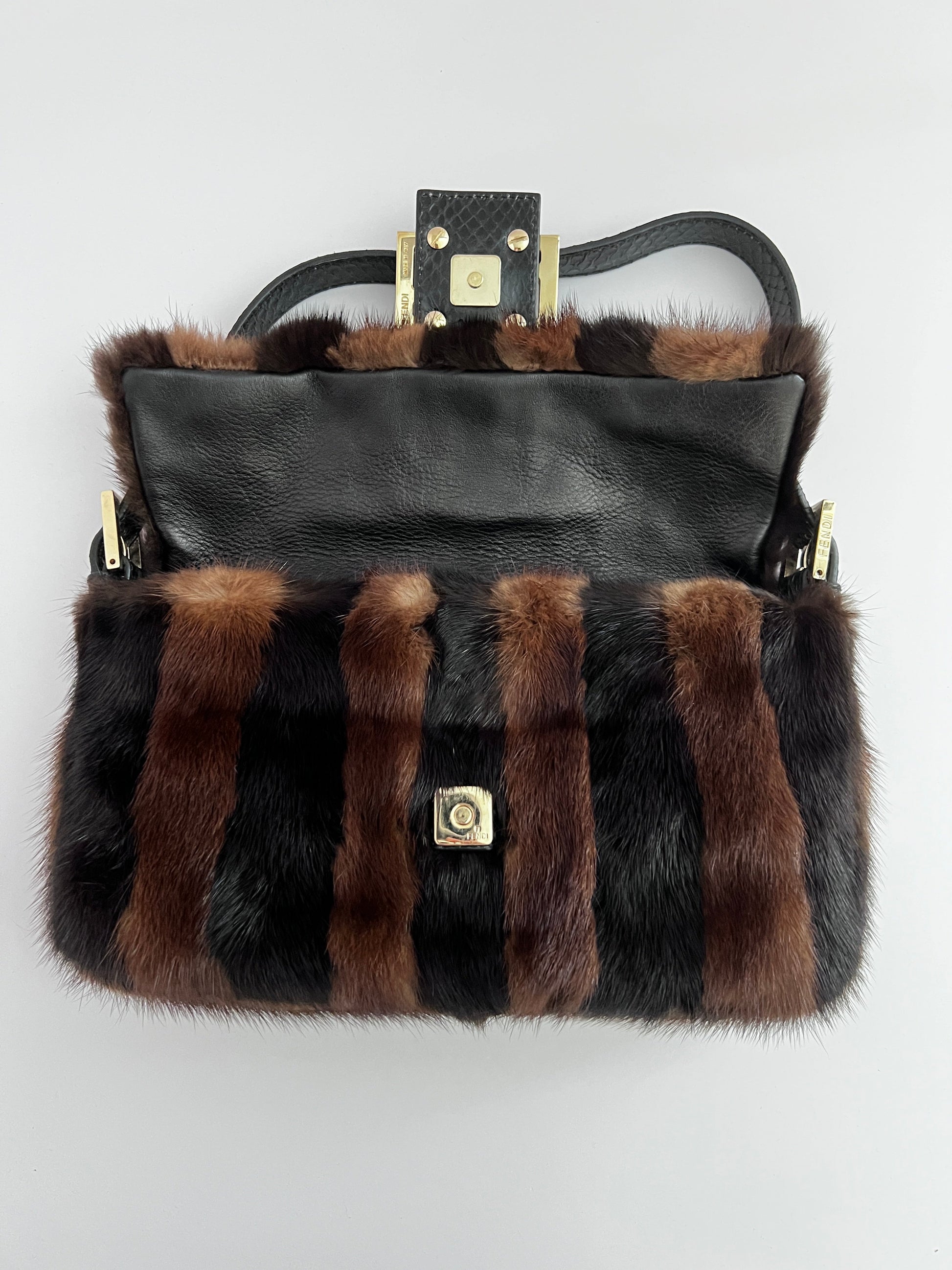 Fendi baguette mink black brown stripes shoulder bag