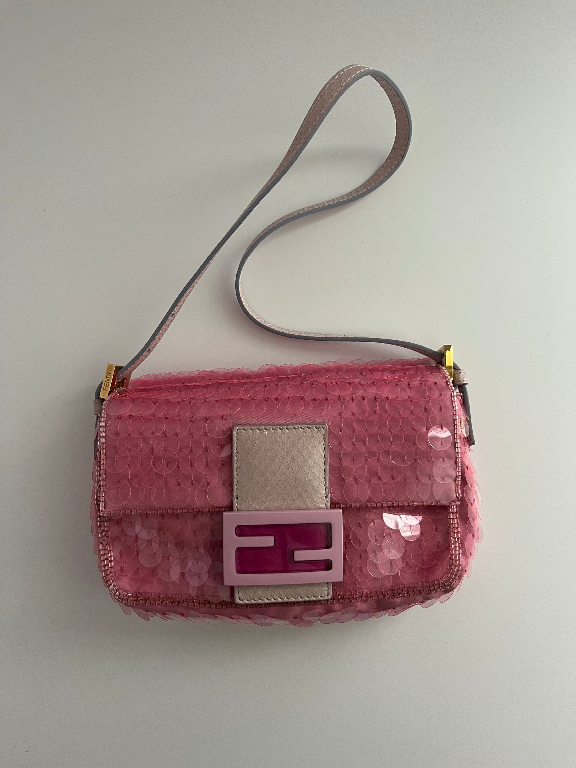 Fendi baguette mini pink sequin shoulder bag