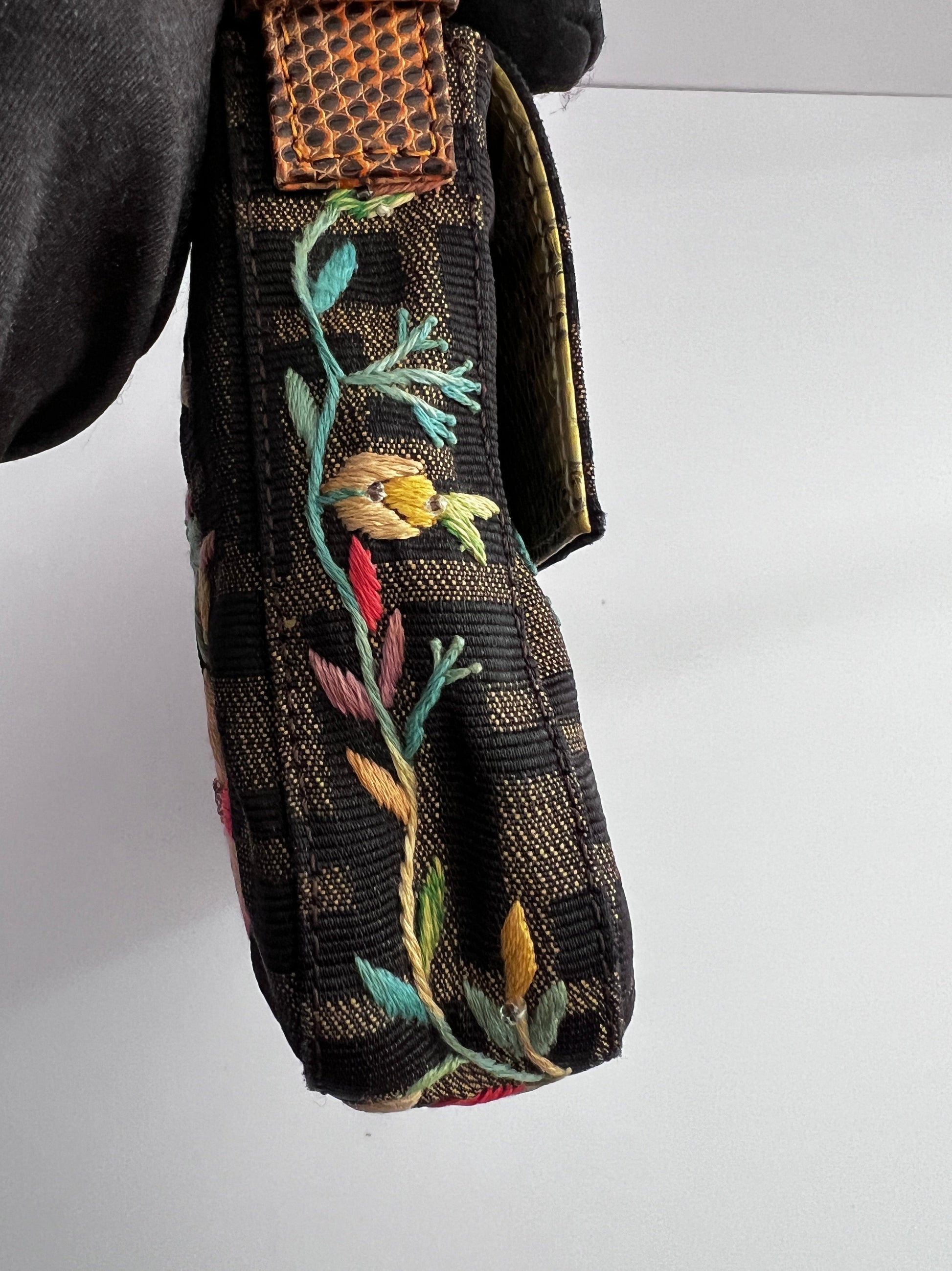 Vintage Fendi embroidered lizard skin trimmed zucca baguette