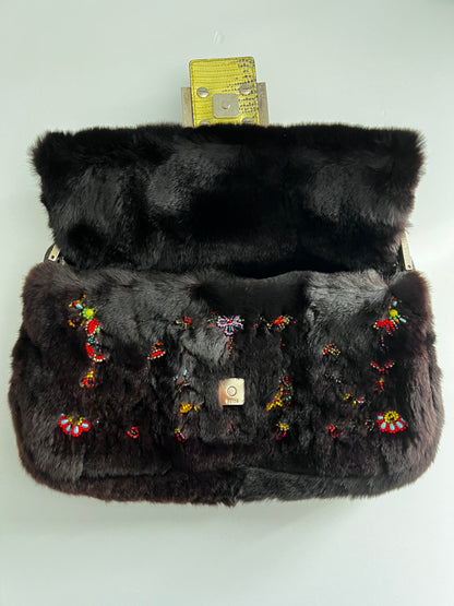Fendi rabbit fur floral embroidery beaded baguette