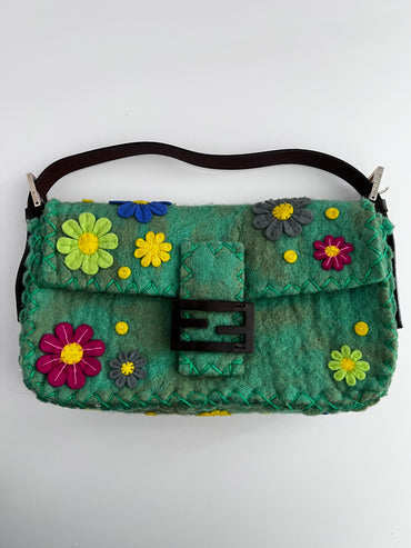 Vintage Fendi Green Felt flower baguette
