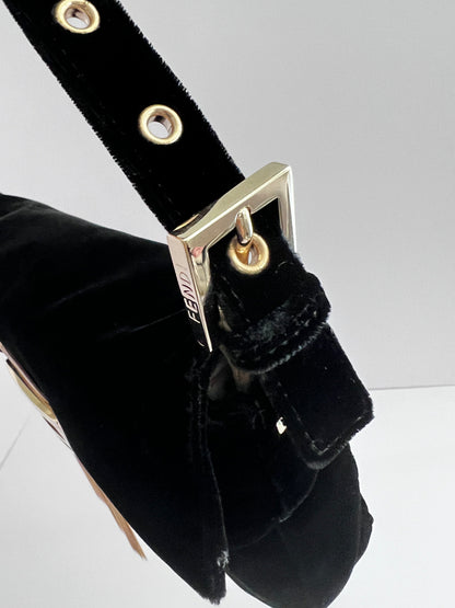 Fendi Black Velvet Gold tassels baguette