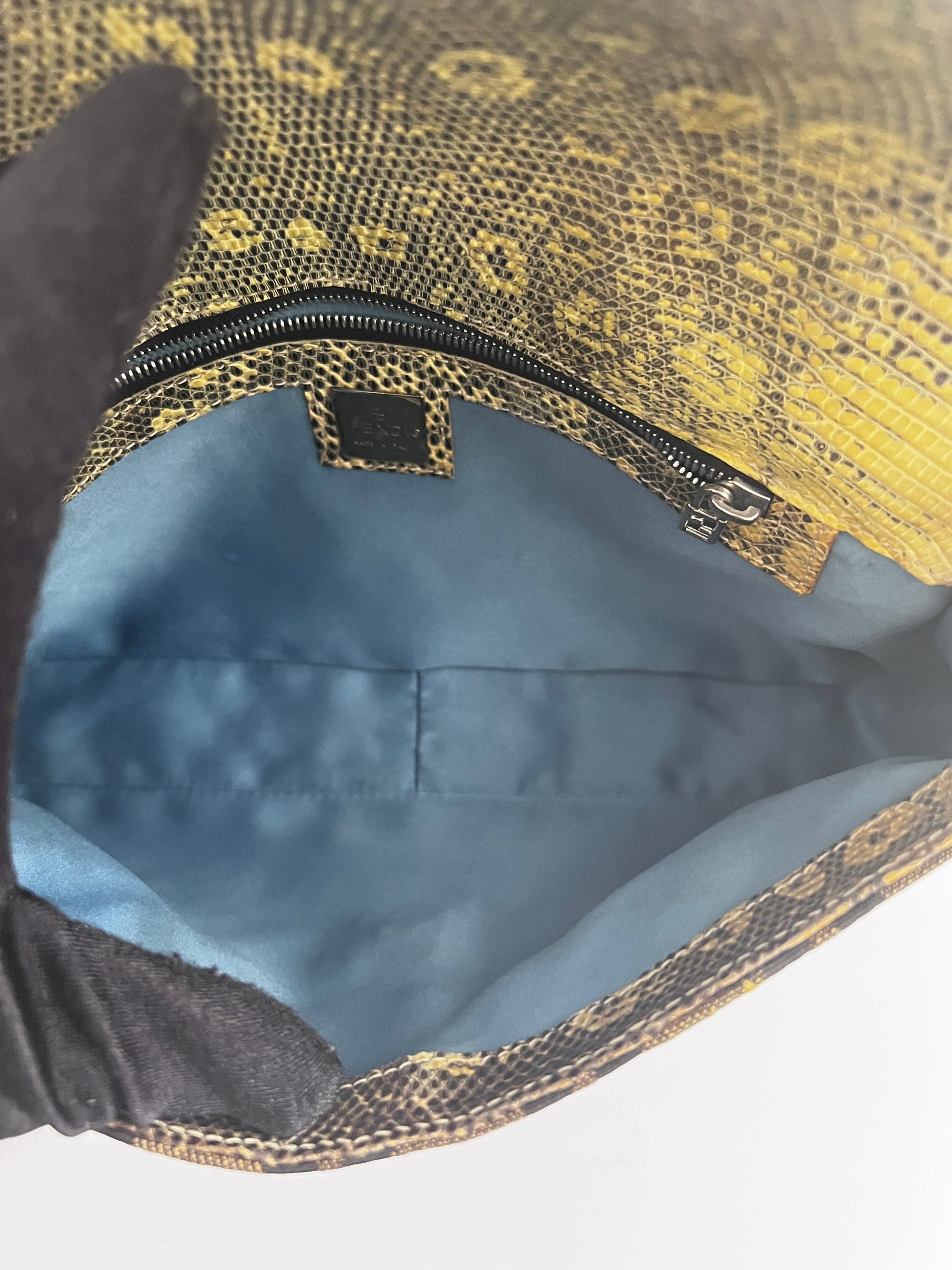 Vintage Fendi embroidered lizard skin trimmed zucca baguette