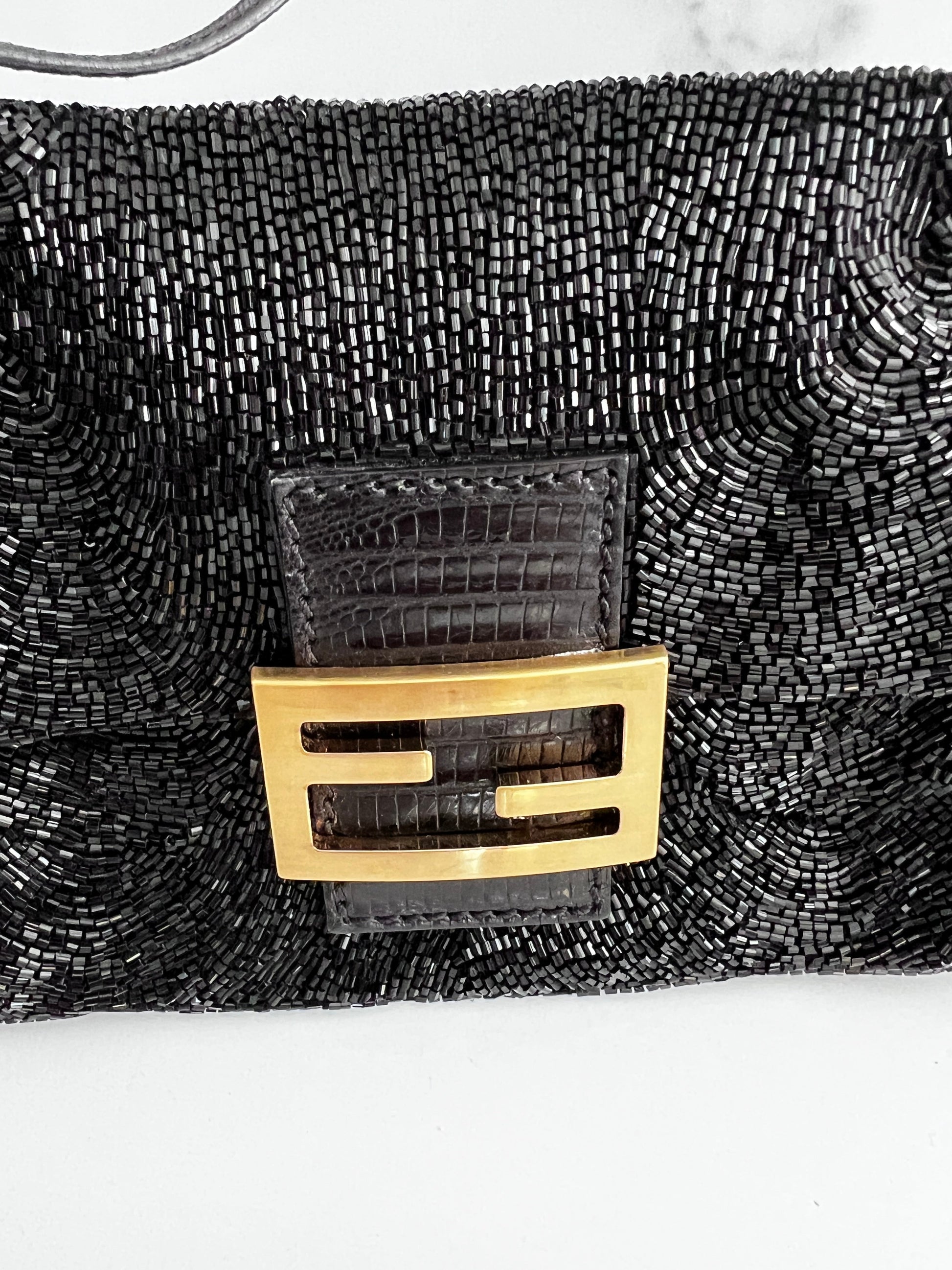 Fendi black beaded mini mamma baguette lizard skin trimmed