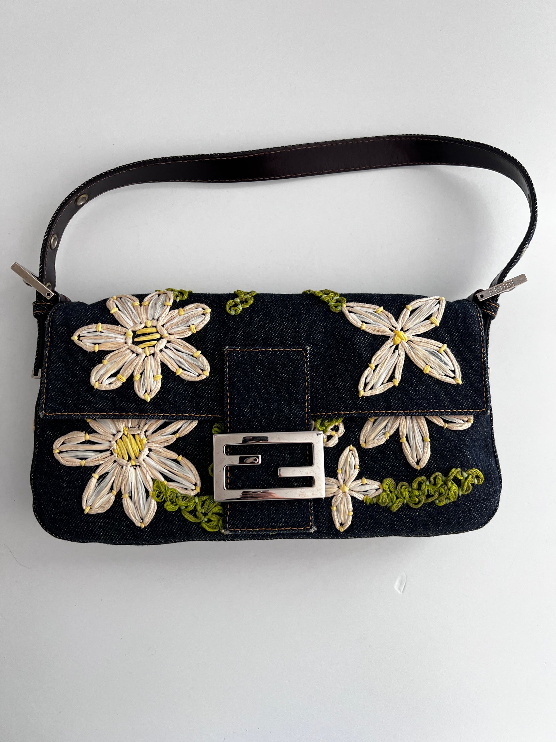 Vintage Fendi raffia raffia embroidered denim baguette