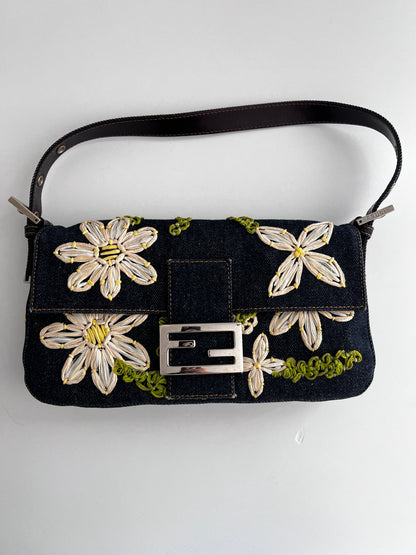 Vintage Fendi raffia raffia embroidered denim baguette