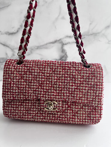 Chanel red velvet chain double flap tweed bag