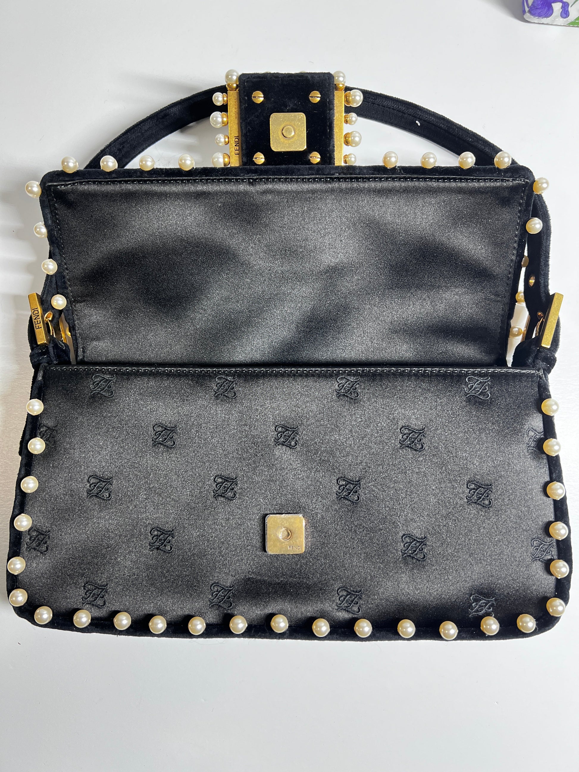 Fendi black satin pearl velvet baguette shoulder bag