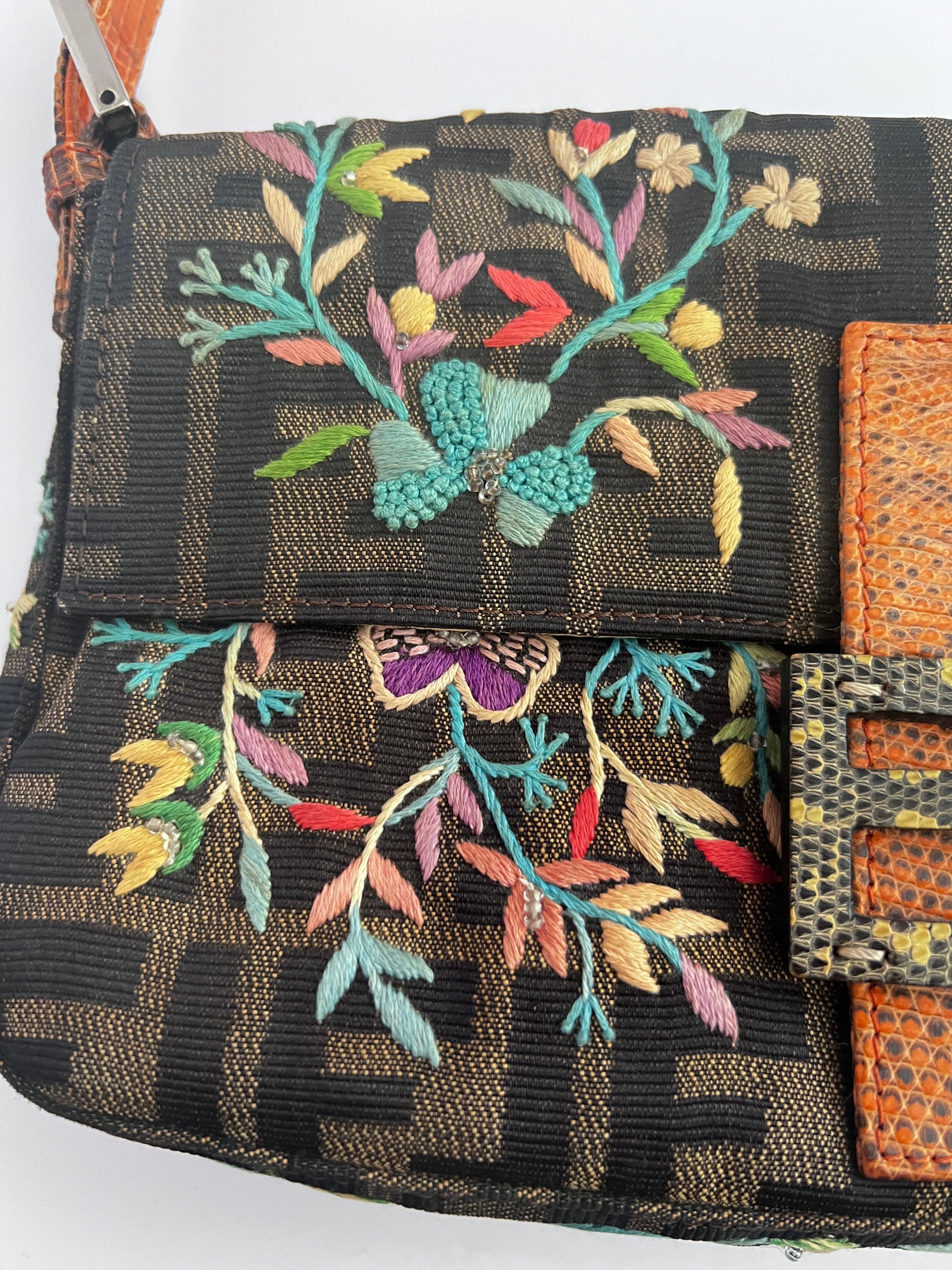 Vintage Fendi embroidered lizard skin trimmed zucca baguette
