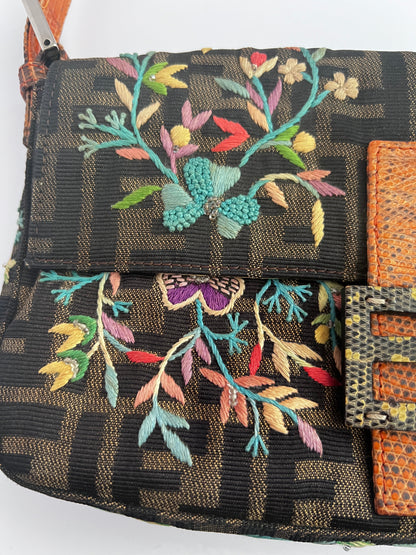Vintage Fendi embroidered lizard skin trimmed zucca baguette