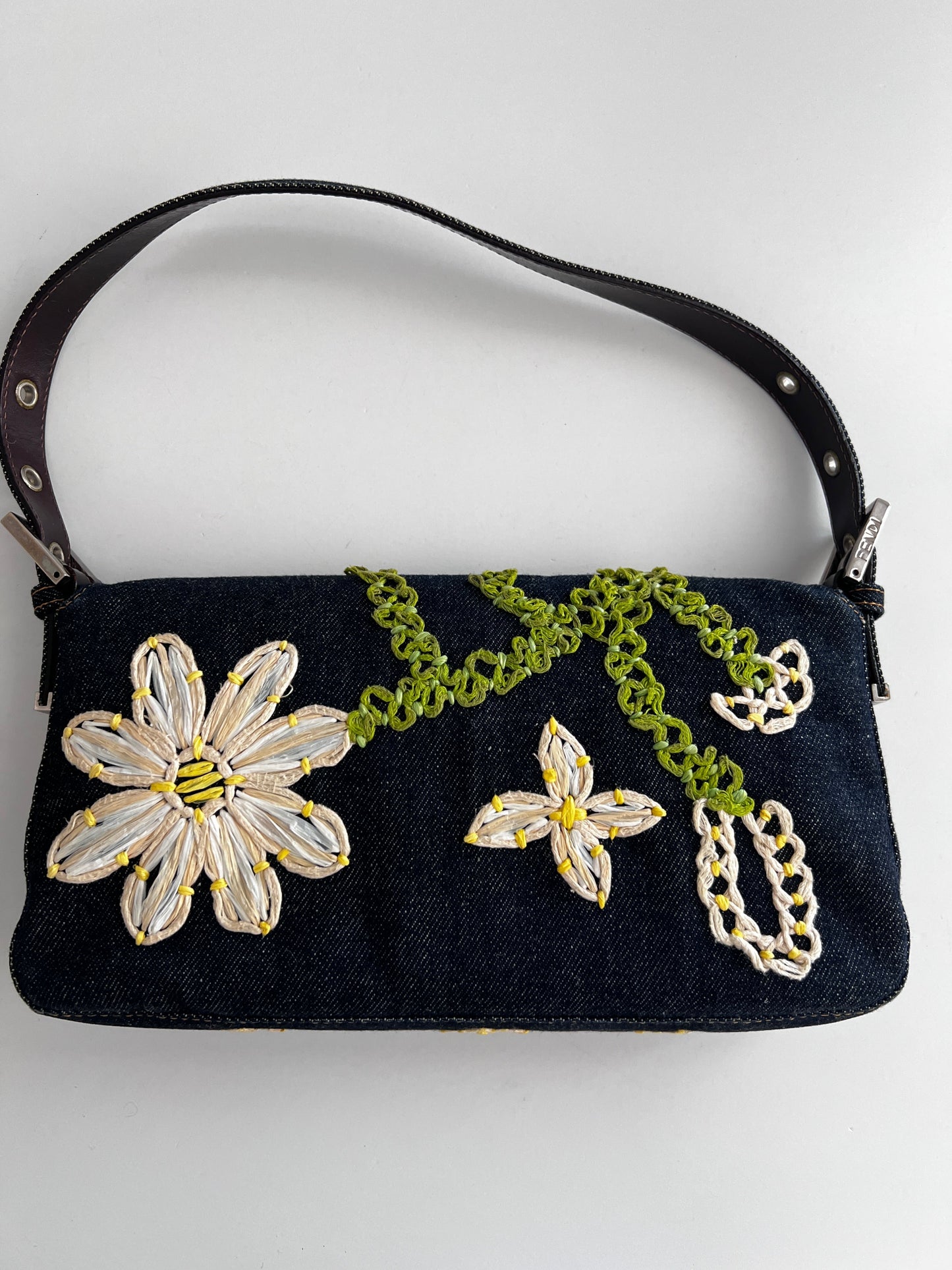 Vintage Fendi raffia raffia embroidered denim baguette