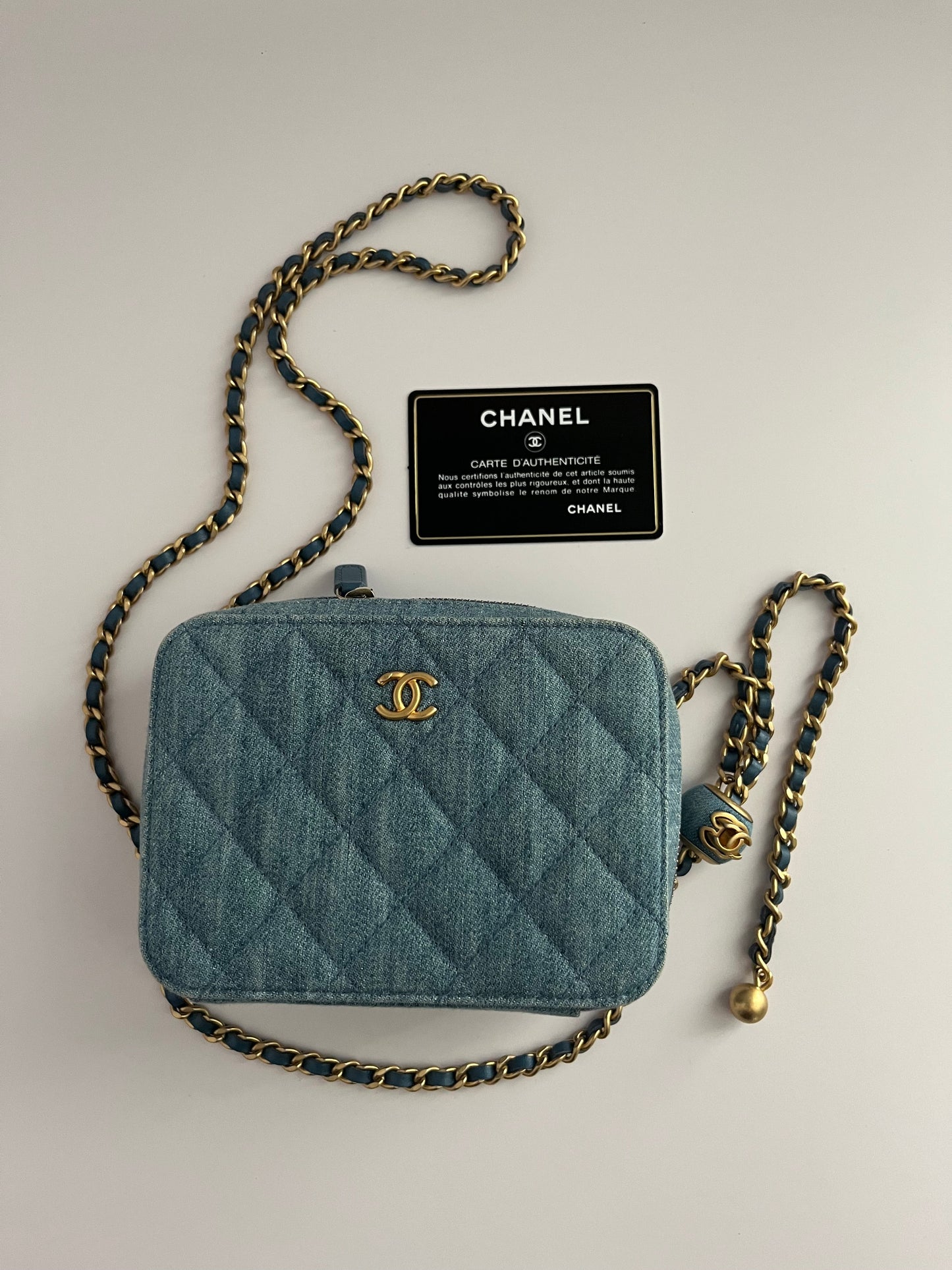 Chanel blue denim gold ball camera shoulder bag