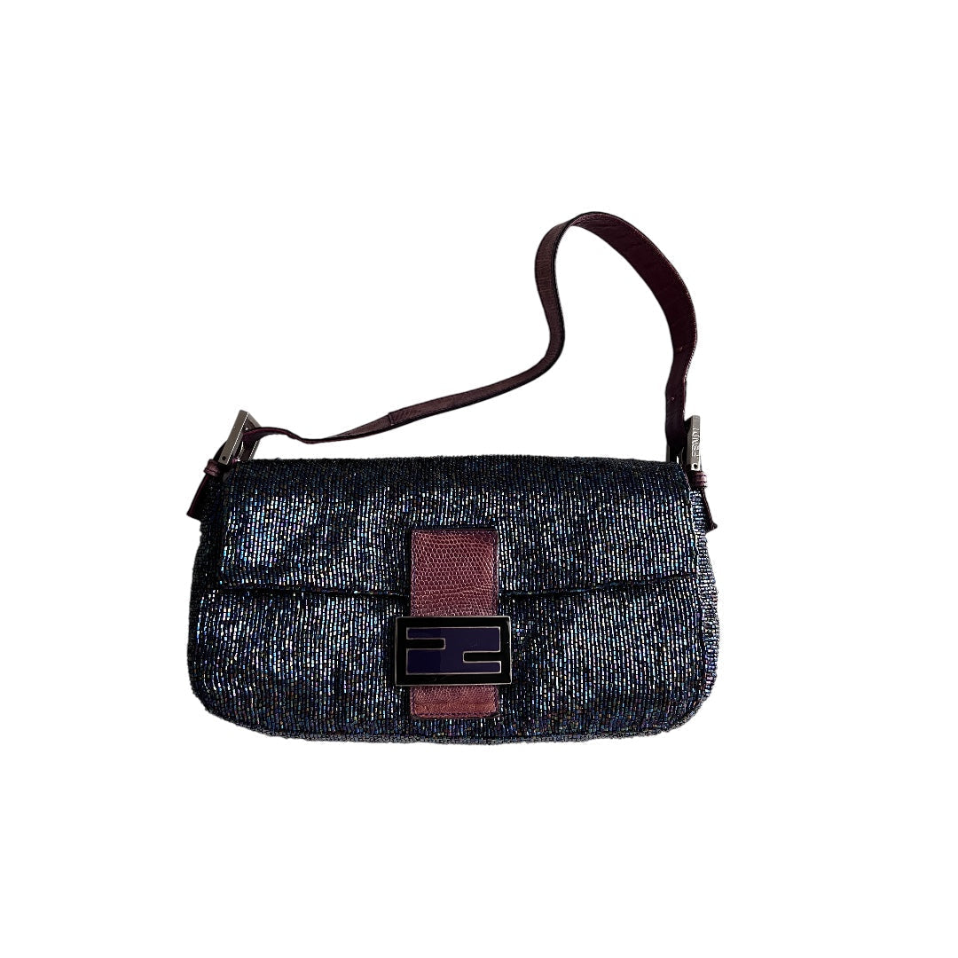 Fendi Vintage iridescent beaded lizard skin trimmed baguette