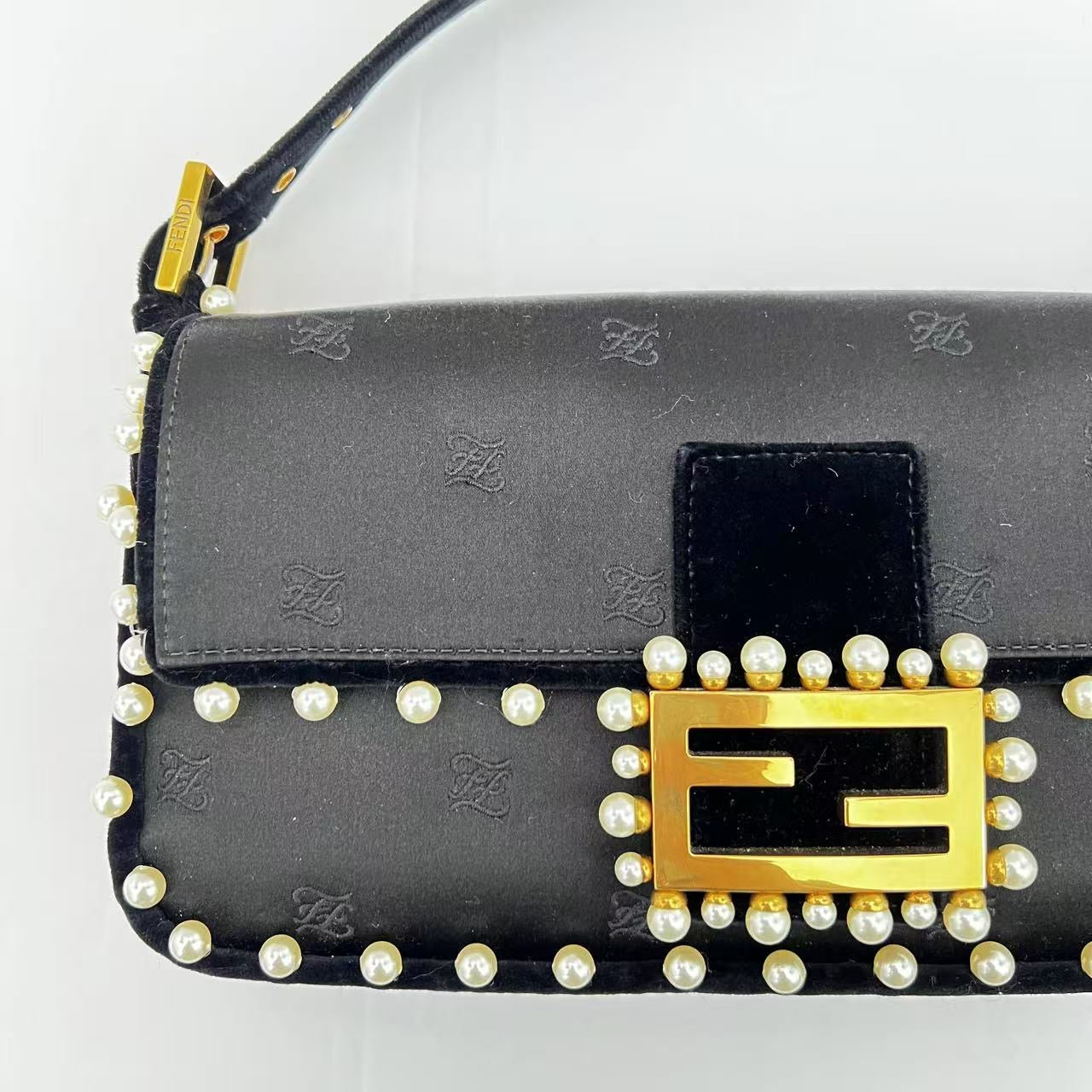 Fendi black satin pearl velvet baguette shoulder bag
