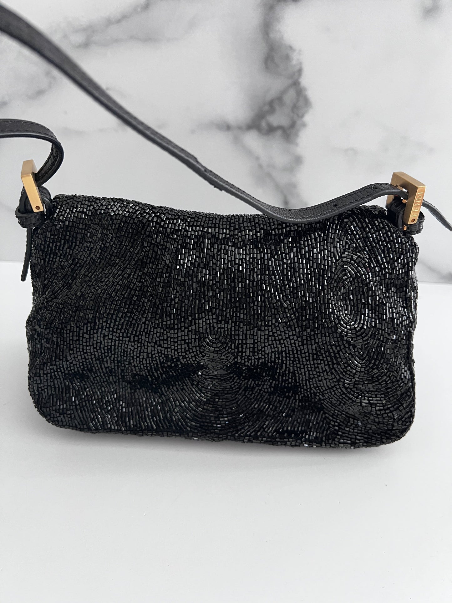 Fendi black beaded mini mamma baguette lizard skin trimmed