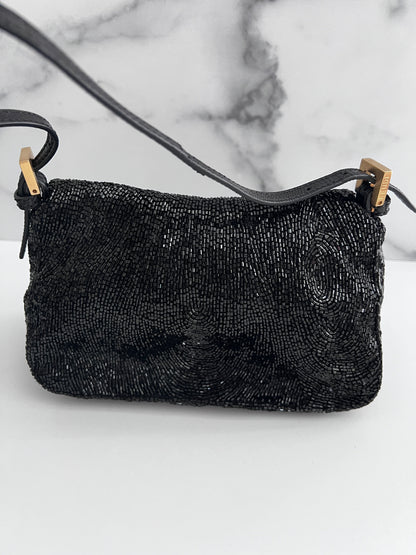 Fendi black beaded mini mamma baguette lizard skin trimmed
