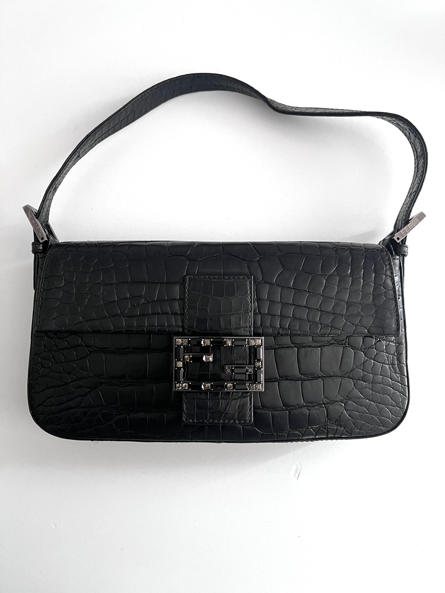 Vintage Fendi black crocodile baguette