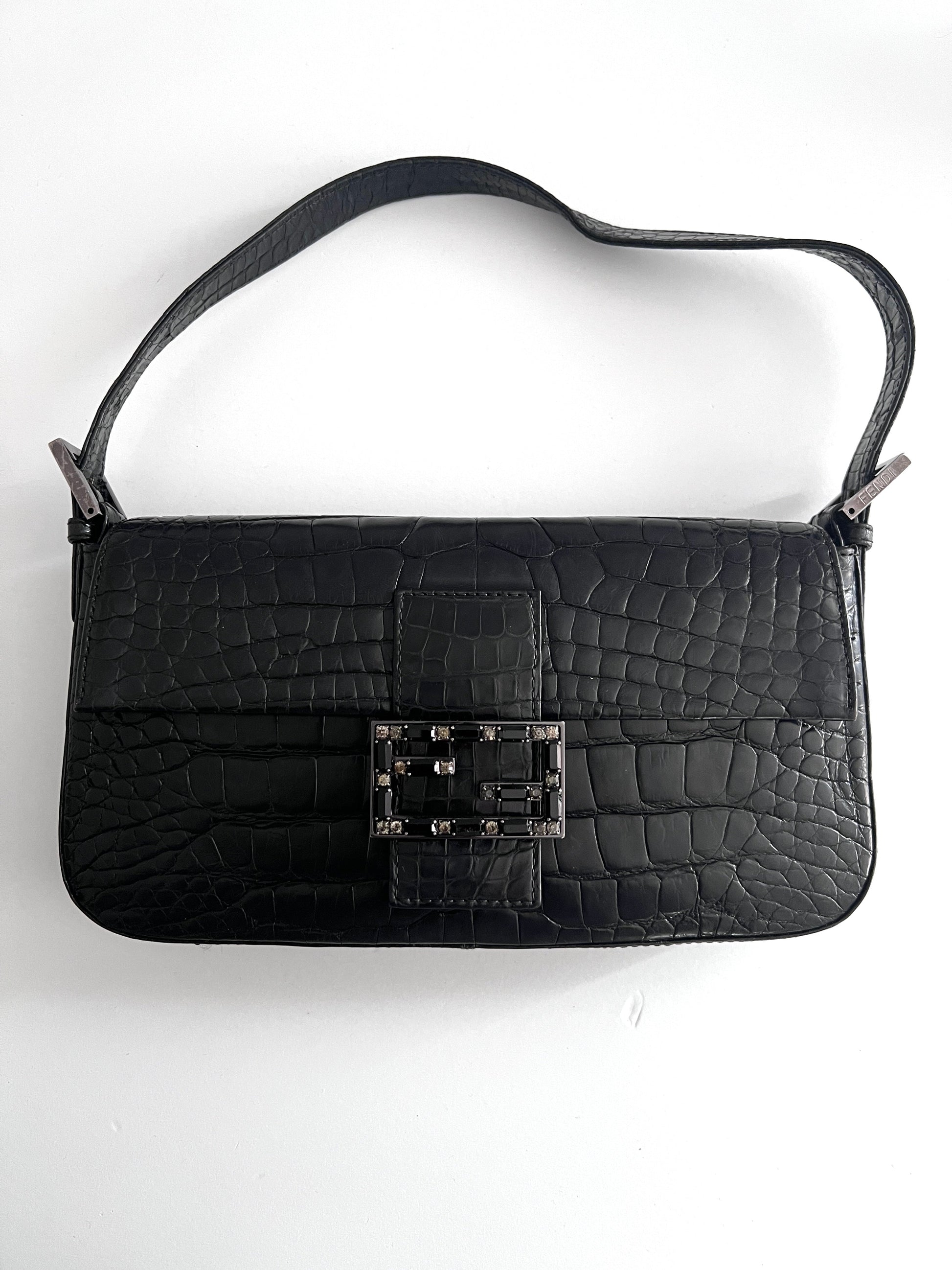 Vintage Fendi black crocodile baguette