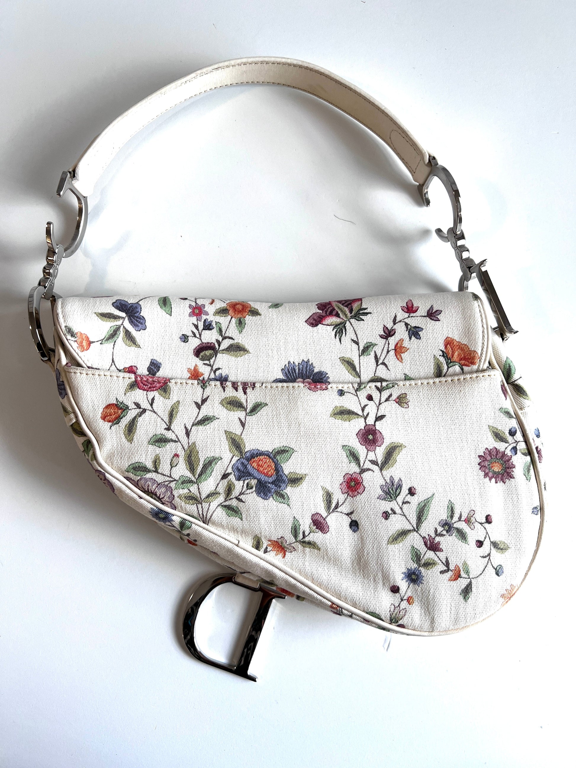 Dior limited edition white floral canva saddle bag