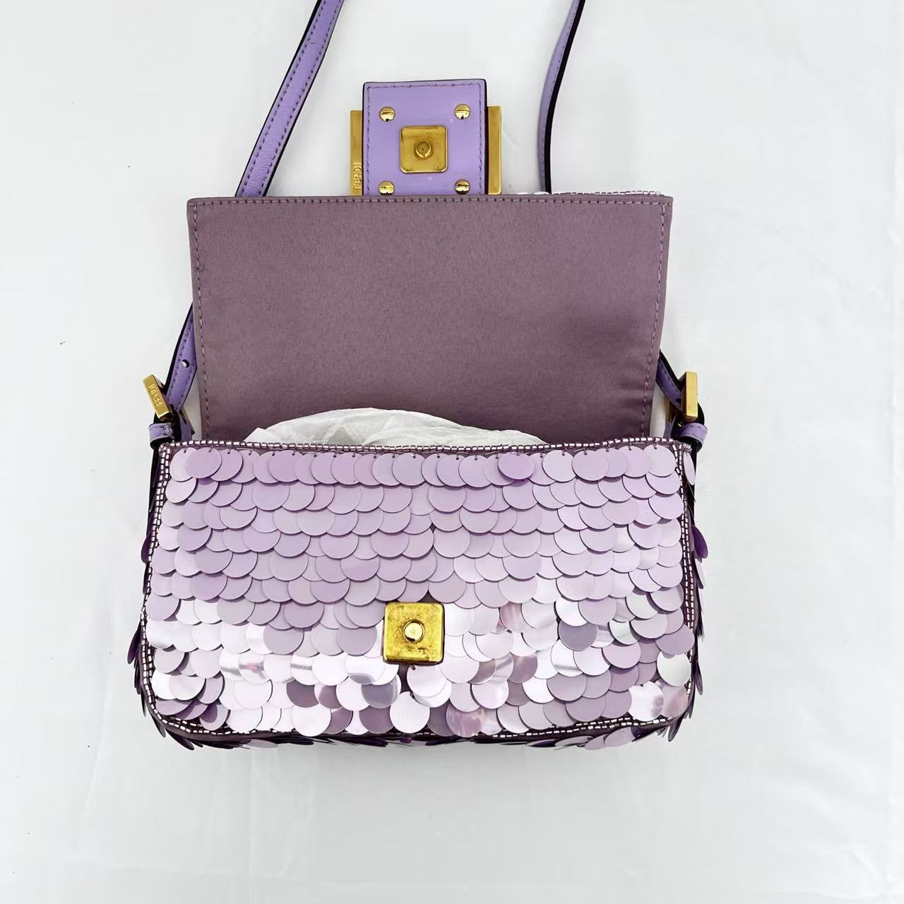 Fendi baguette mini purple sequin gold hardware shoulder bag