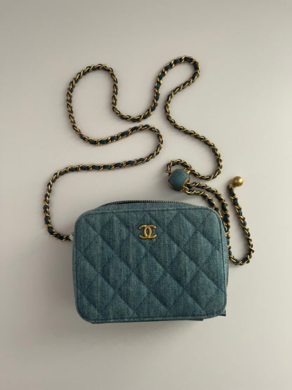 Chanel blue denim gold ball camera shoulder bag