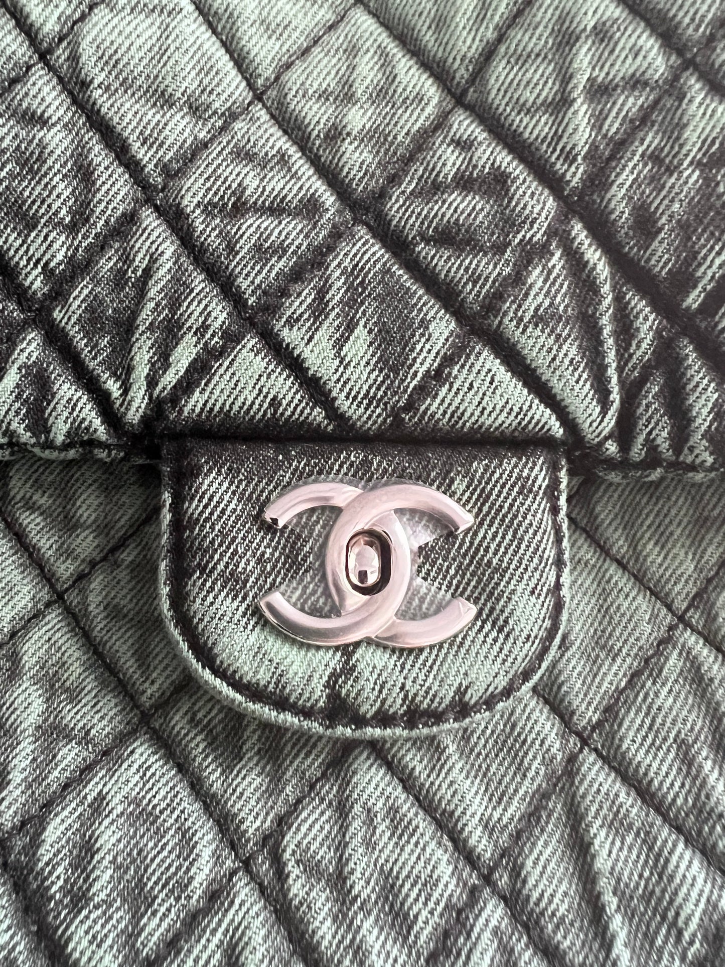 NWOT! Chanel Denimprassion Flap Bag Quilted distressed denim XL green