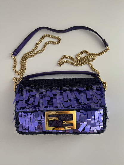 Fendi baguette mini purple sequin gold hardware shoulder bag