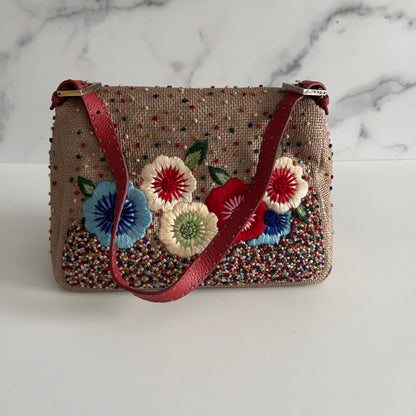 Fendi Selleria raffia floral embroidered mamma baguette.