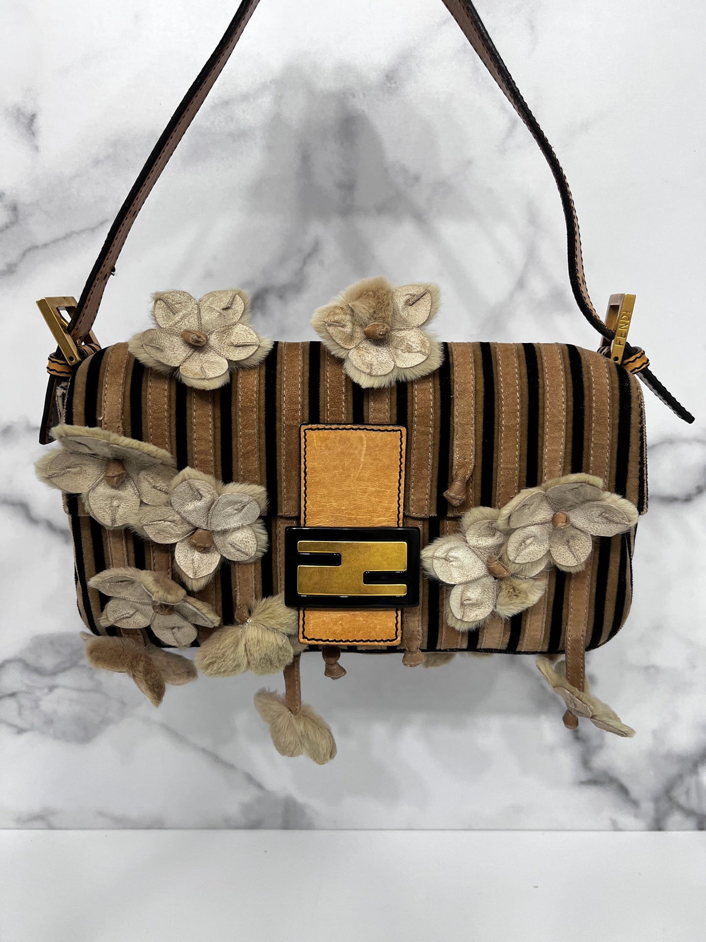 Fendi velevet 3D flowers strip baguette
