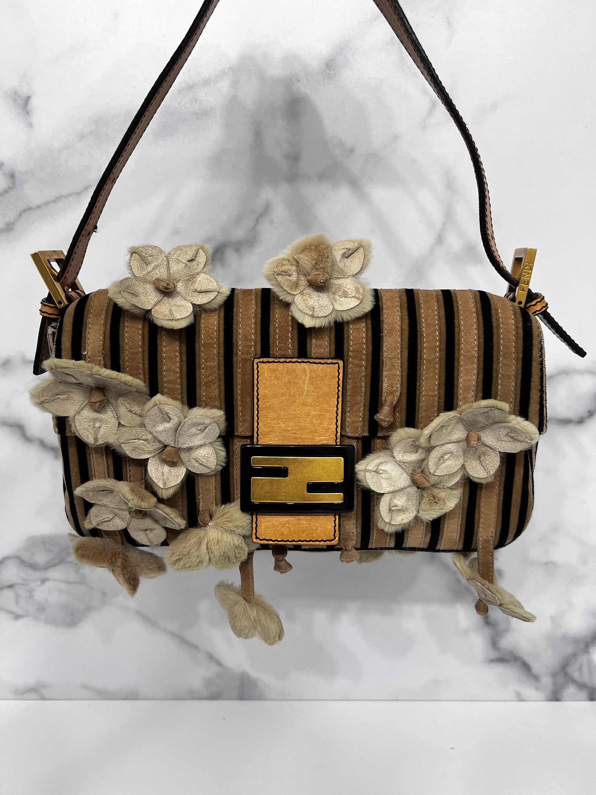 Fendi velevet 3D flowers strip baguette