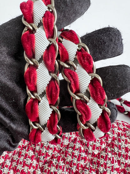 Chanel red velvet chain double flap tweed bag