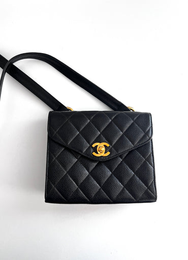 Pre-Owned Chanel Vintage 24K gold black caviar cross body mini square flap bag