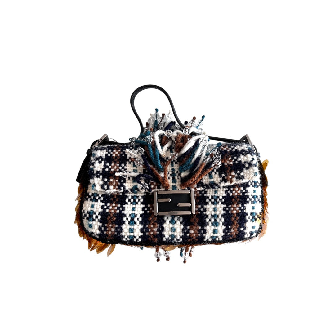 Fendi NWT! Fendi selleria plaid tweed shearling baguette