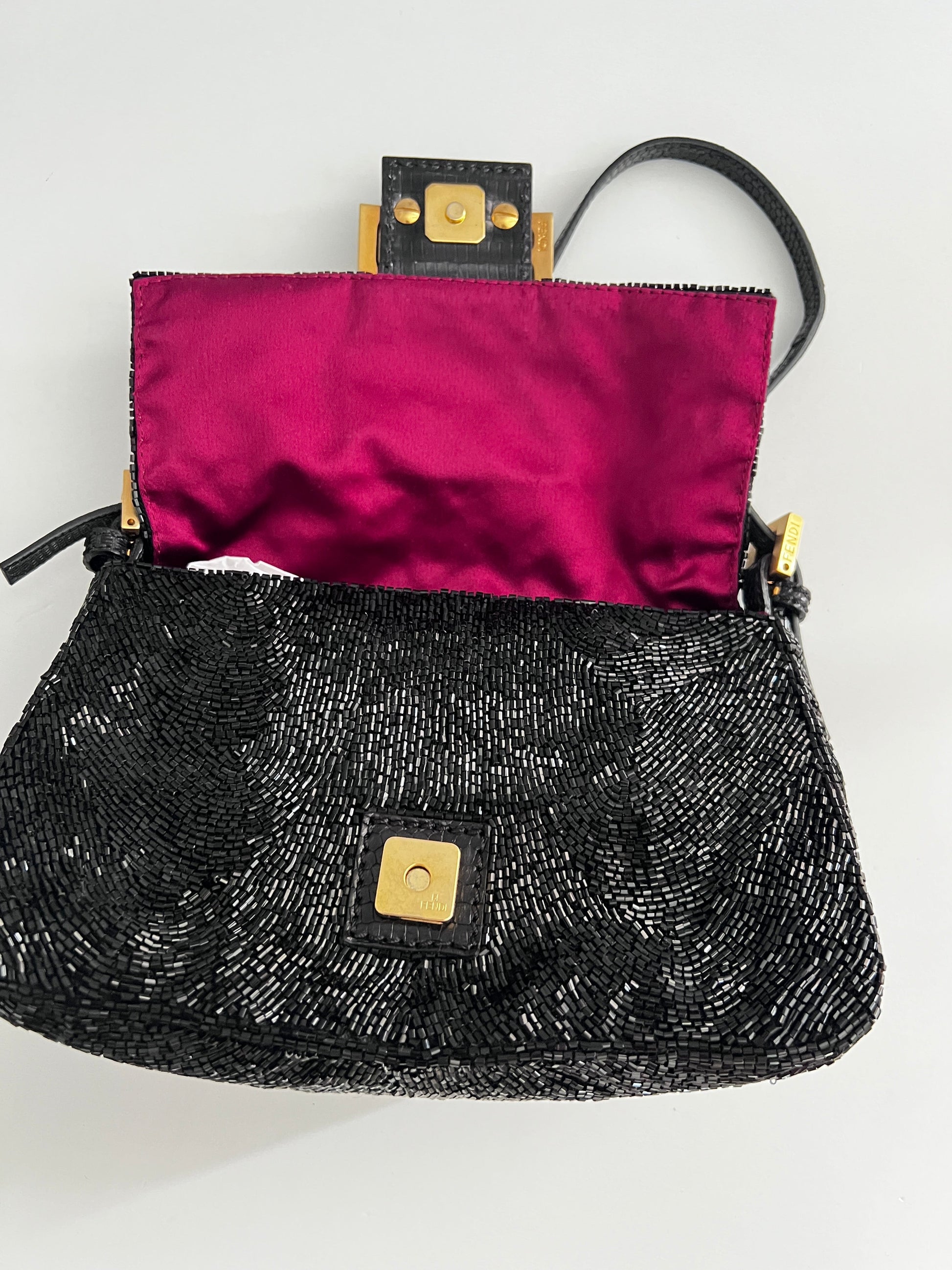 Fendi black beaded mini mamma baguette lizard skin trimmed