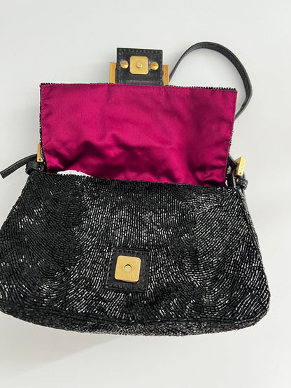Fendi black beaded mini mamma baguette lizard skin trimmed