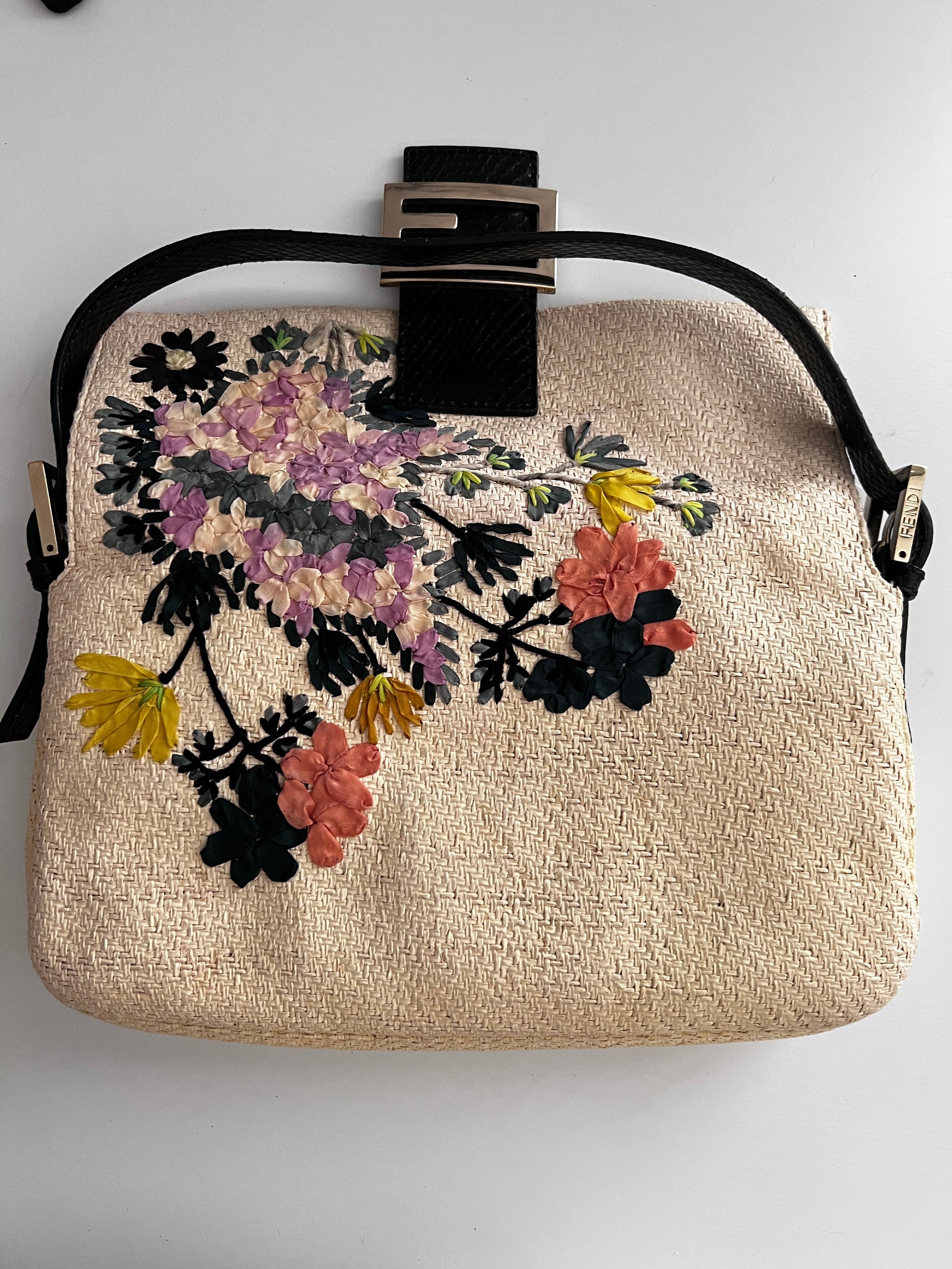 Fendi Raffia Floral Embroidered Baguette Bag
