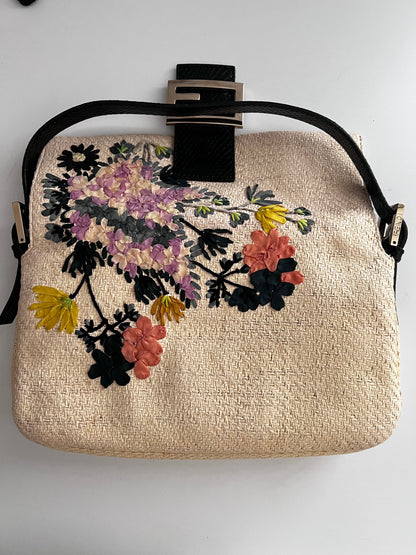 Fendi Raffia Floral Embroidered Baguette Bag