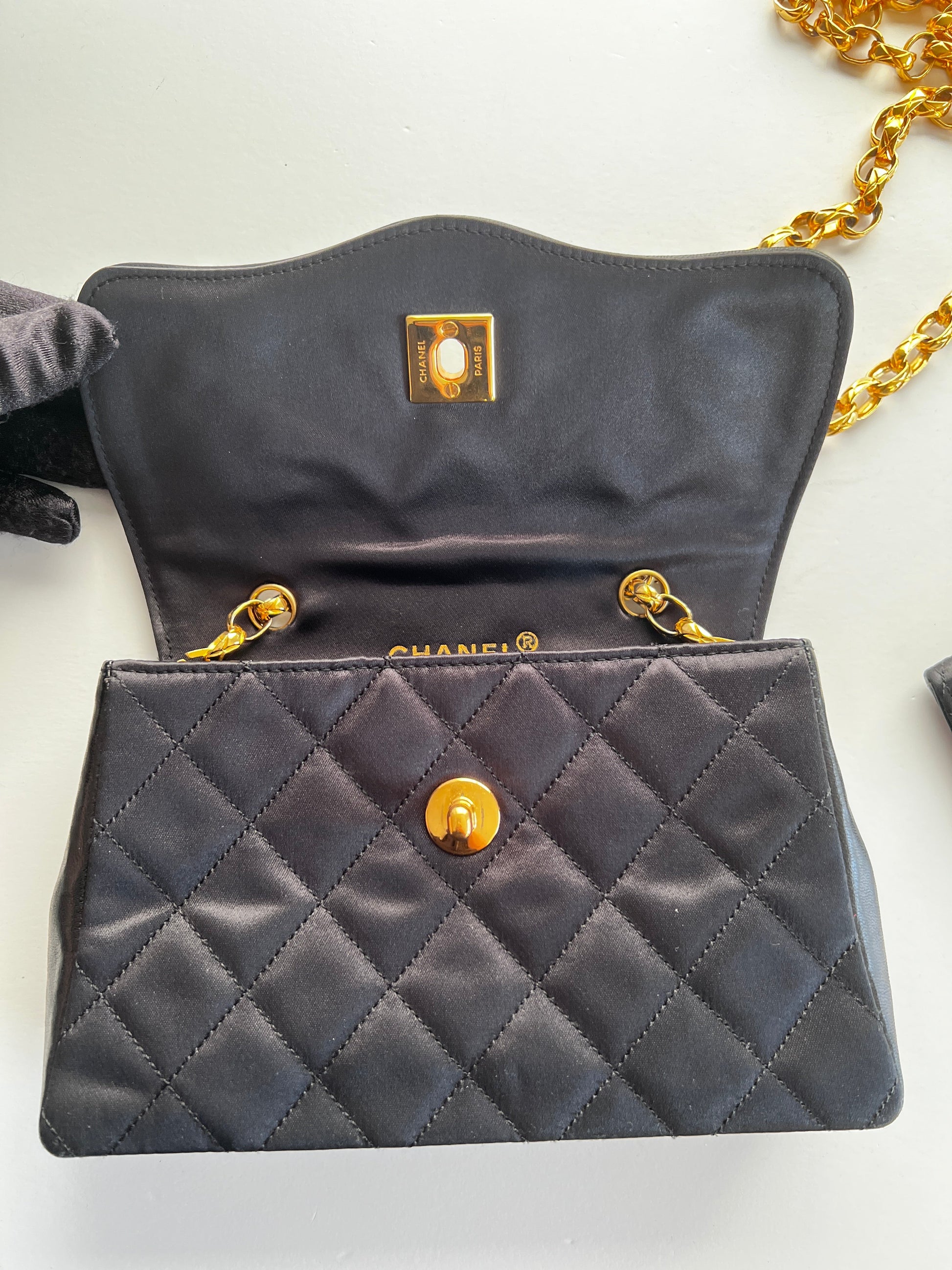Vintage Chanel satin & leather flap bag with card holder