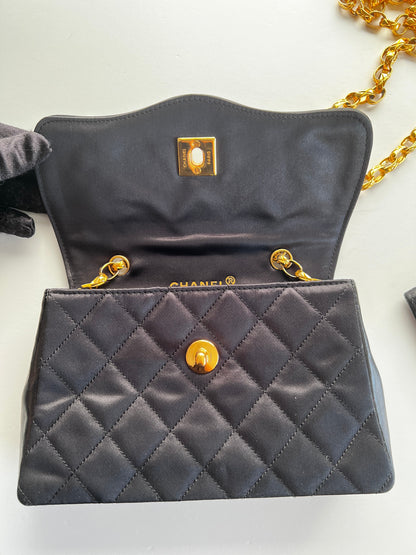 Vintage Chanel satin & leather flap bag with card holder