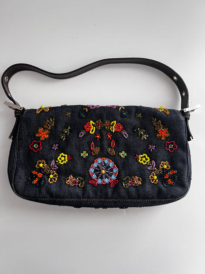 Fendi Floral Beaded Embroidered Denim Baguette