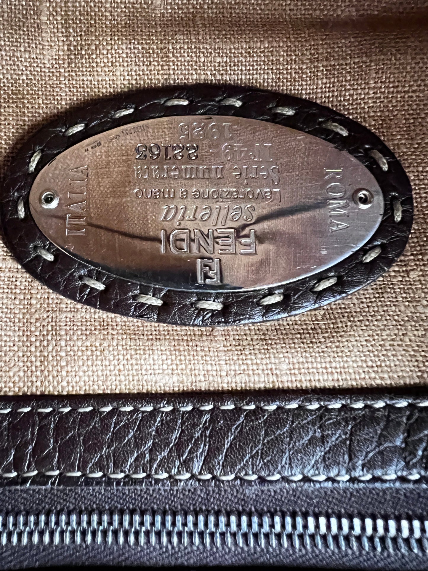 Fendi Vintage raffia leather trimmed selleria baguette