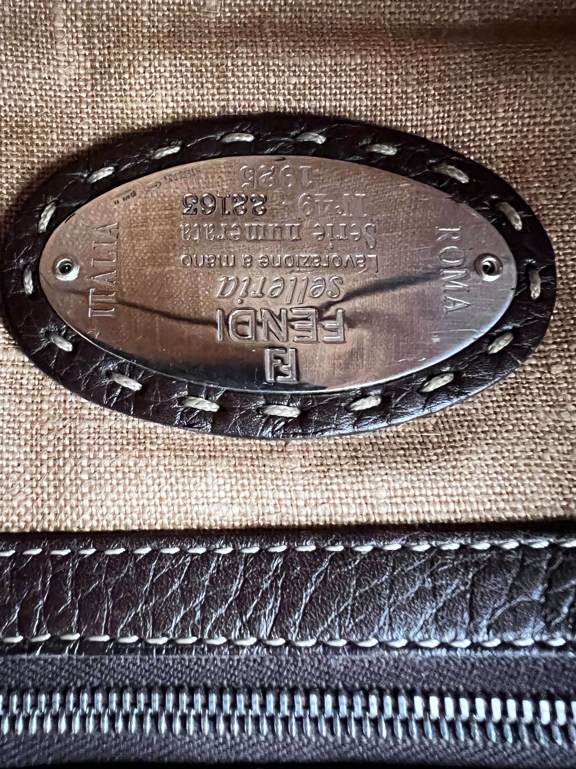 Fendi Vintage raffia leather trimmed selleria baguette