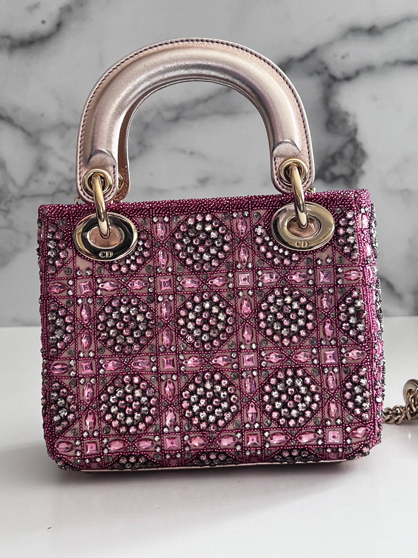 Pre-loved Mini Lady Dior Bag Metallic Lambskin and Rose des Vents Satin Embroidered with Beads