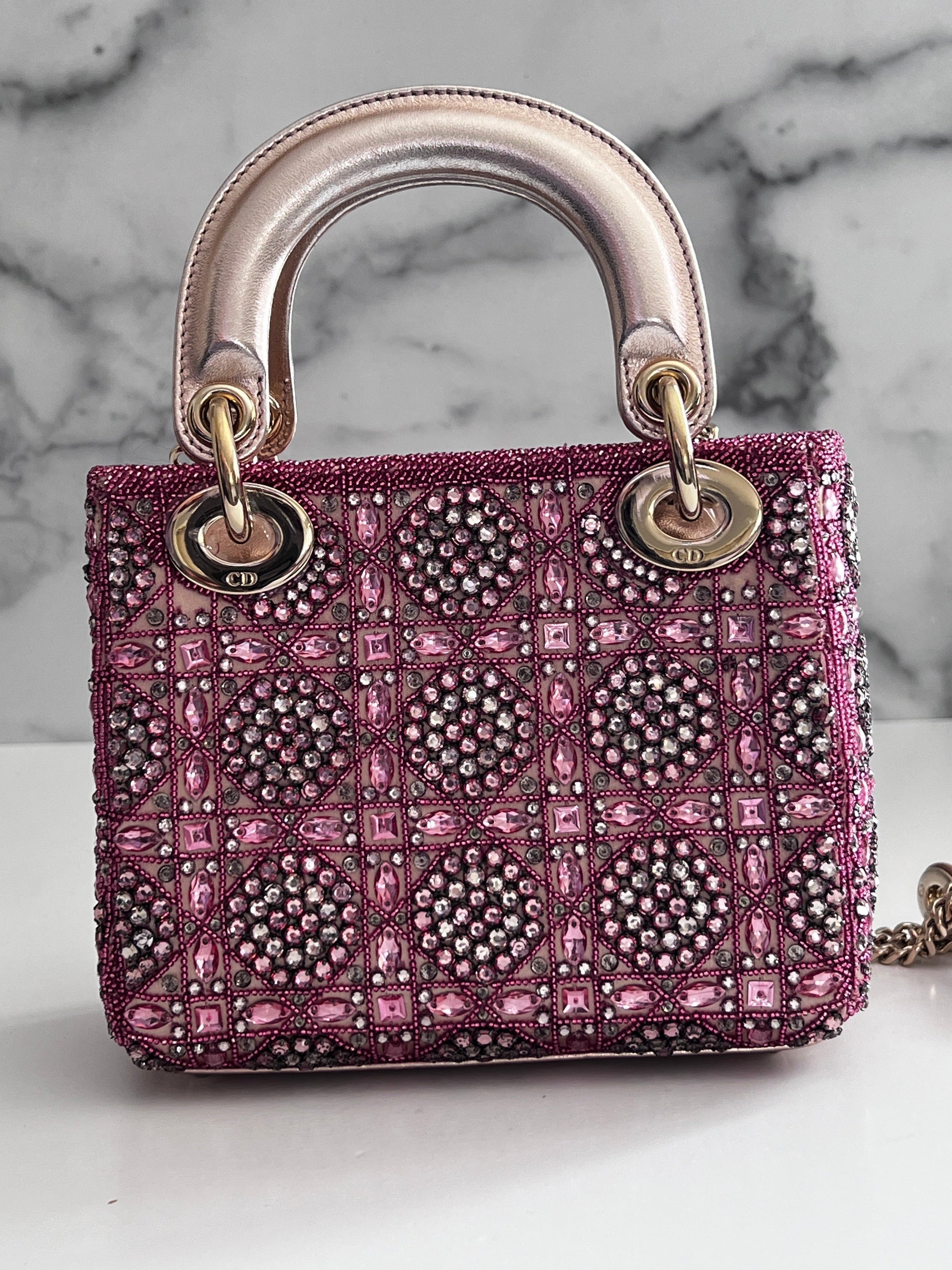 Pre-loved Mini Lady Dior Bag Metallic Lambskin and Rose des Vents Satin Embroidered with Beads
