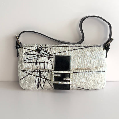 Vintage Fendi White& Black “Spider web”Beaded Baguette Rare