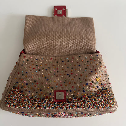 Fendi Selleria raffia floral embroidered mamma baguette.