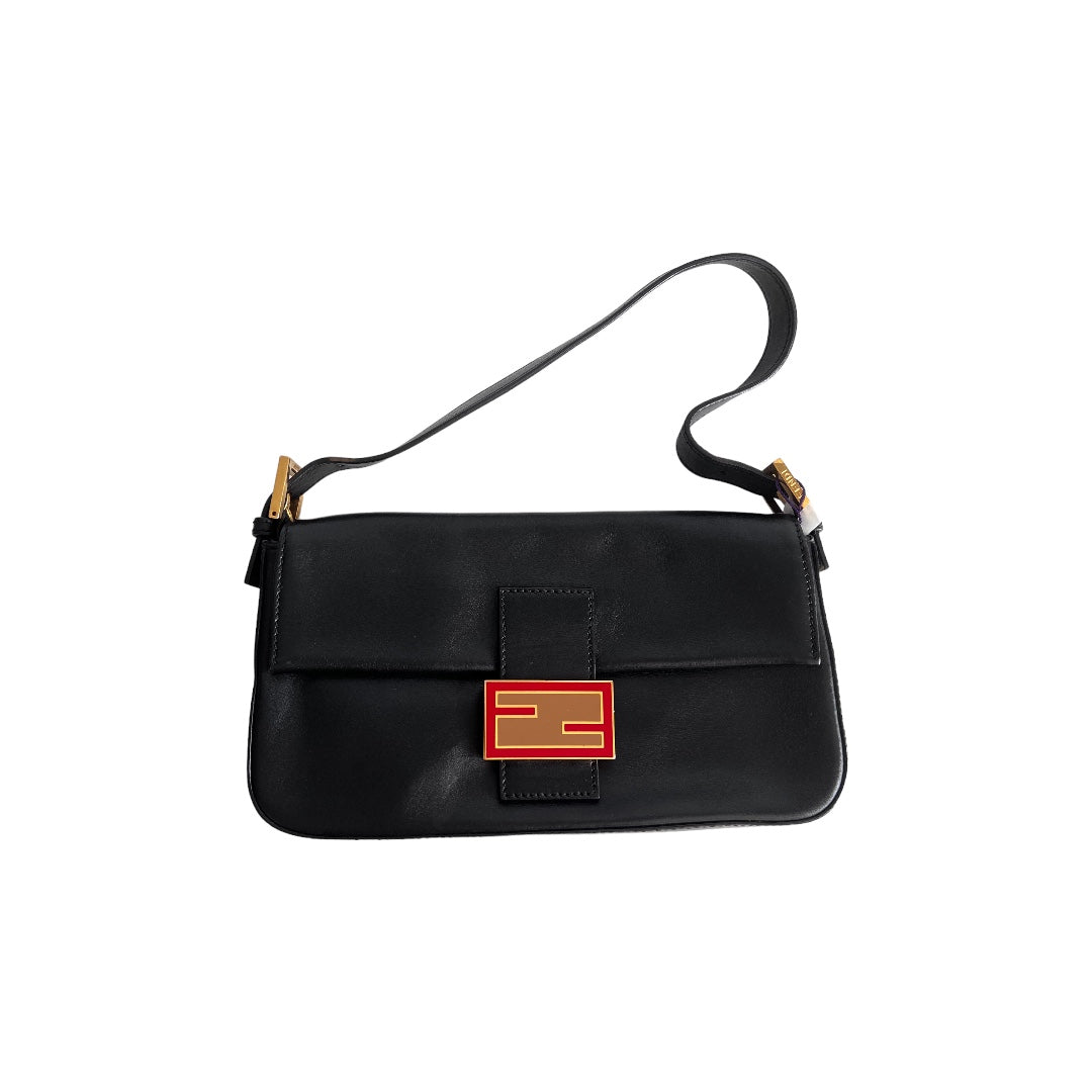 Fendi Fendi black leather enamel buckle baguette