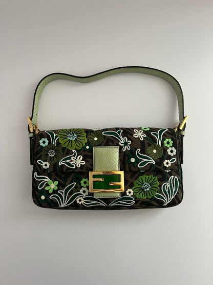 Fendi baguette FF embroidery gold hardware shoulder bag