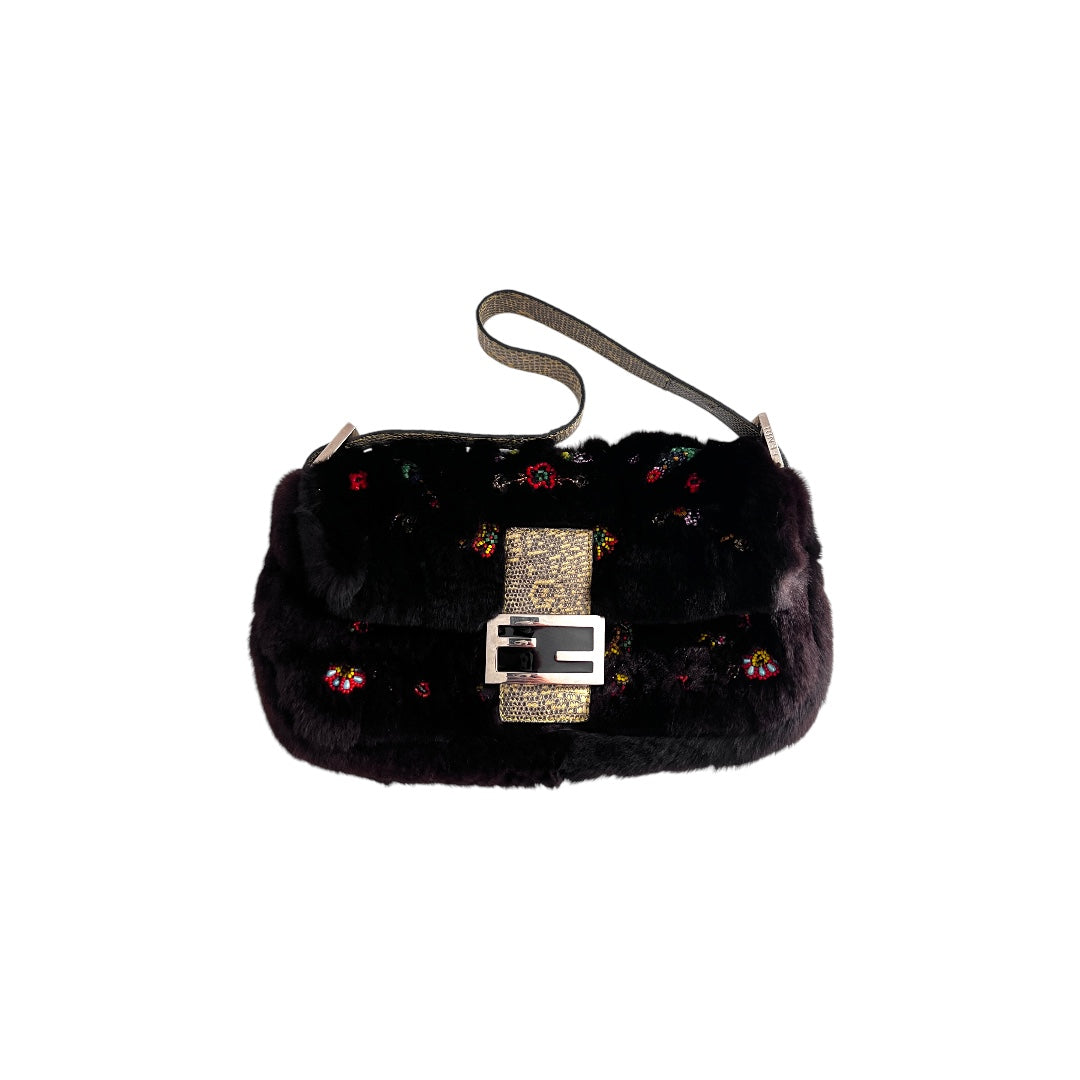 Fendi Fendi rabbit fur floral embroidery beaded baguette