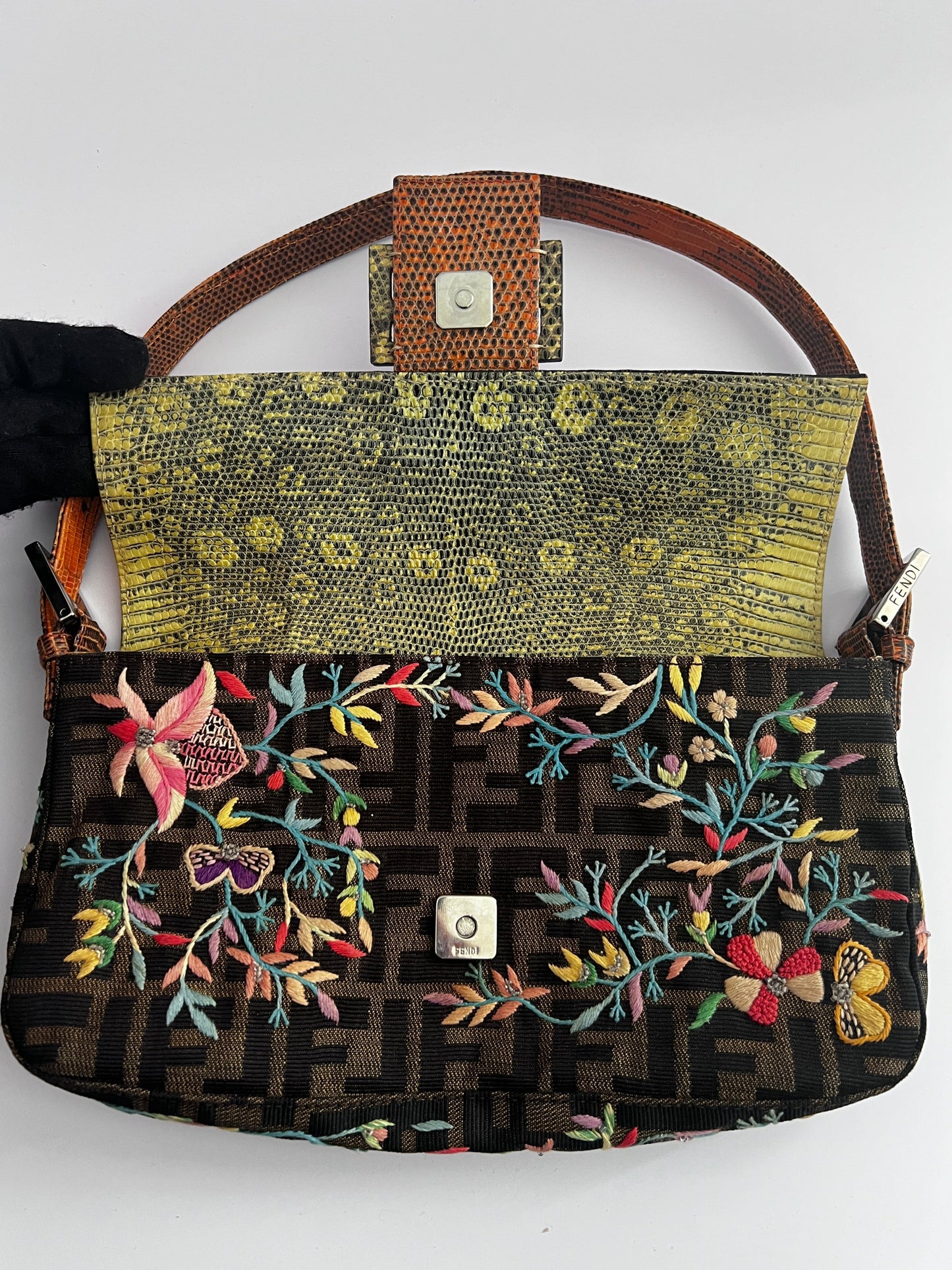 Vintage Fendi embroidered lizard skin trimmed zucca baguette